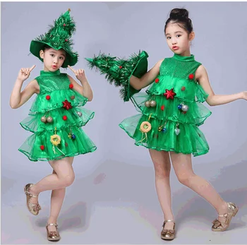 Malčka Otroci Baby Dekleta Božično Drevo Kostum Obleko Vrhovi Stranke Klobuk Obleke Zelene Elf Uspešnosti Kostume 2023 Nove Let