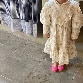 2022 Pomlad Otroci, Dekleta, Obleko Korejski Letnik Baby Dolg Rokav Cvet Tiskanja Bombažne Čipke Obleke Oblačila Otrok Princesa Obleko