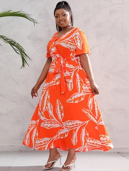 Poletje 2022 Plus Velikost Midi Obleko za Ženske V Vratu Kratek Rokav Imperij Swing Afriki Cvetlični Oversize Oblačila 5XL 4XL Oranžna 2022