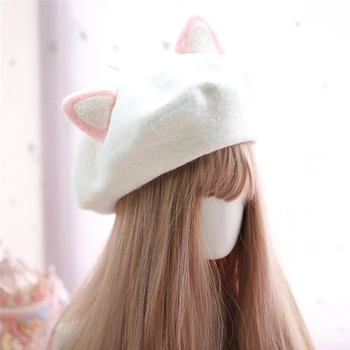 Ženske baretka klobuk ročno DIY mačka ušesa svetlobe printmaker klobuk jesen in zimo, volnene klobuk Lolita srčkan klobuk