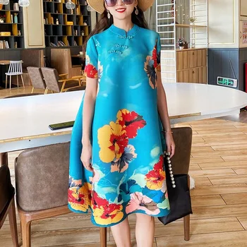 Ženske Miyak Naguban Izboljšano Cheongsam Letnik Cvjetnim Tiskanja Sponke Svoboden Stojalo Ovratnik Kitajski Slog Midi Obleka Ženske Qipao
