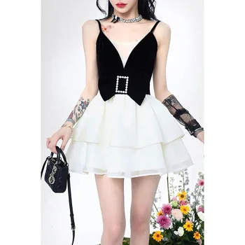2022Barbie Žamet Slim Seksi Kratke Stranka Obleko Ženske Priložnostne Proti-Vrat Tudi Korzet Eleganten Poletje korejski Črno Obleko Modne Obleke