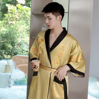 Kitajski Slog Vezenega Zmaj Moških Kimono Plašč kopalni plašč Obleke Pol Rokav Saten Sleepwear More Svoboden Domov Nositi s Pocket