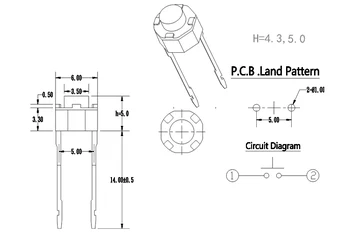 30PCS 6x6x5/4.3 mm Sredini 2PIN DIP Dolgo Pin Mini Pritisni Gumb Stikalo za Zvočni PCB montaža Kratkotrajno Takta Stikalo Gumb baker