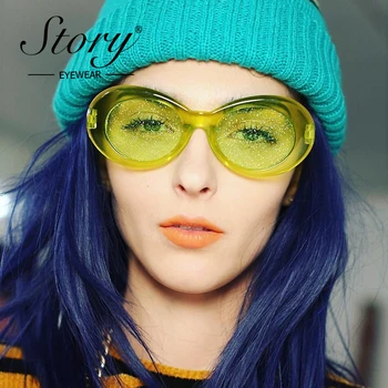 ZGODBA Vintage Retro Vijolične barve Ovalne sončna Očala Ženske 2018 Sunmmer Bleščice Candy Barve Prozorno Okvir Kurt Cobain sončna Očala