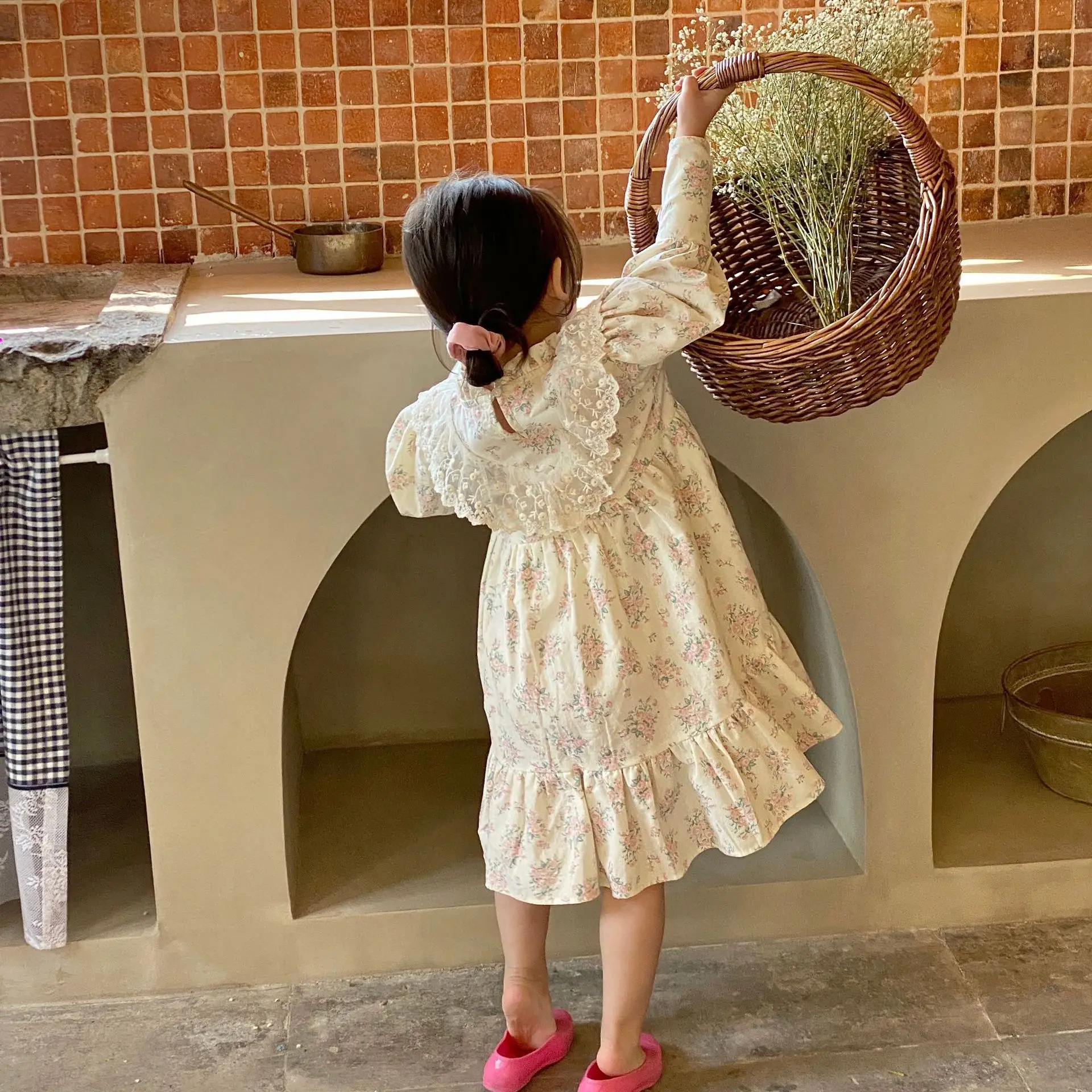 2022 Pomlad Otroci, Dekleta, Obleko Korejski Letnik Baby Dolg Rokav Cvet Tiskanja Bombažne Čipke Obleke Oblačila Otrok Princesa Obleko Slike 4