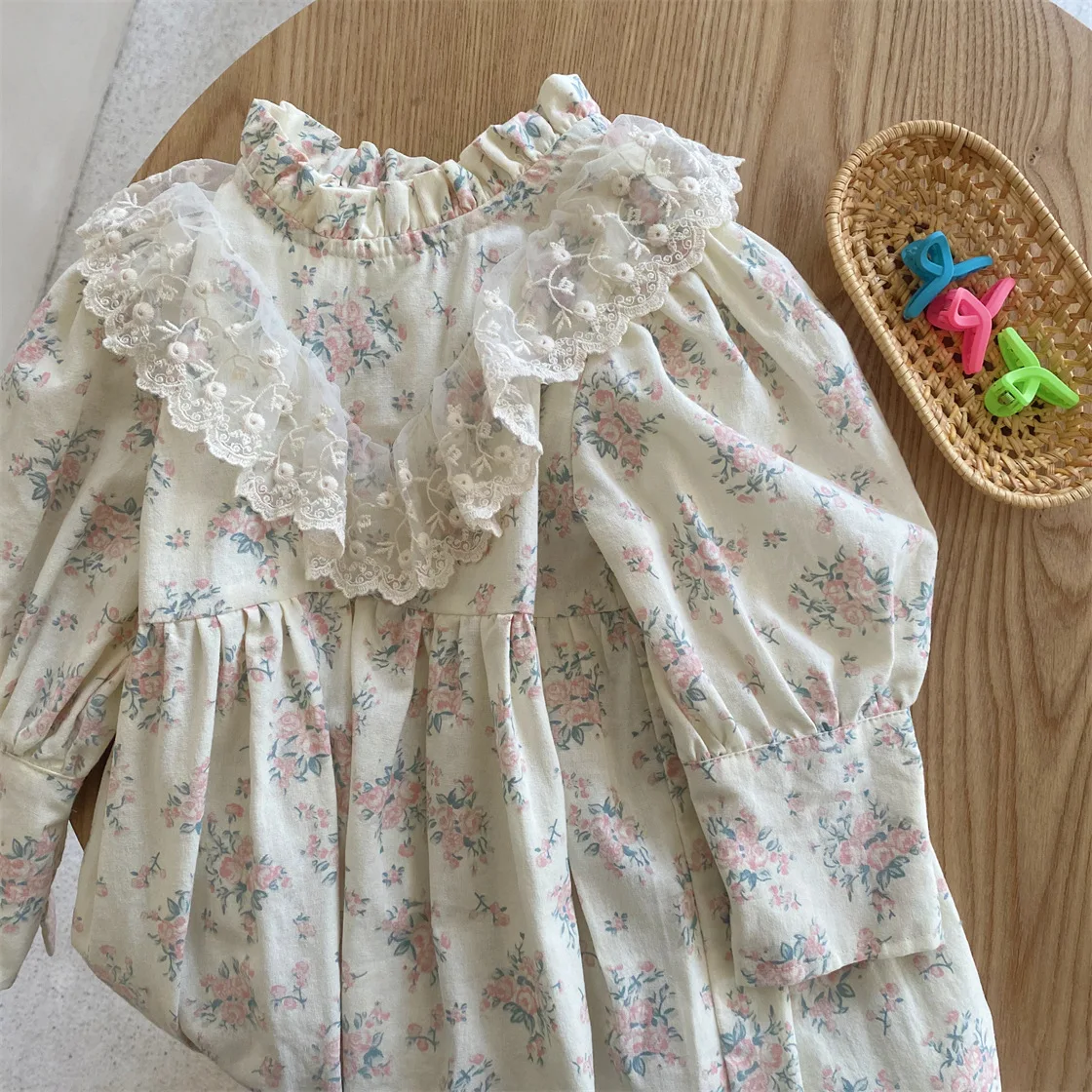 2022 Pomlad Otroci, Dekleta, Obleko Korejski Letnik Baby Dolg Rokav Cvet Tiskanja Bombažne Čipke Obleke Oblačila Otrok Princesa Obleko Slike 5