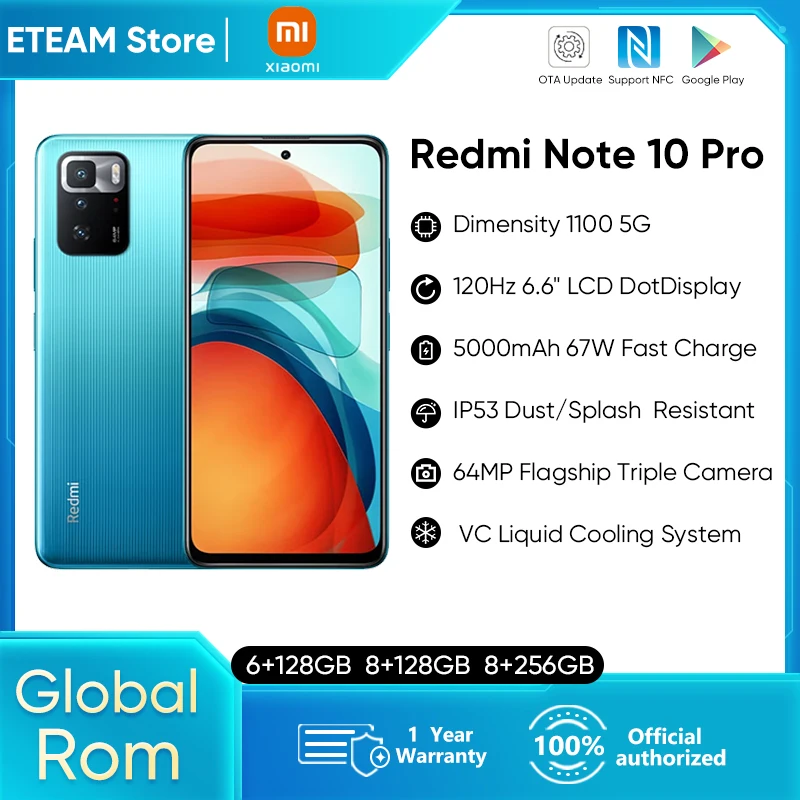 Svetovni ROM Xiaomi Redmi Opomba 10 Pro 128GB/256GB Pametni Dimensity 1100 Jedro Octa 120Hz 6.6